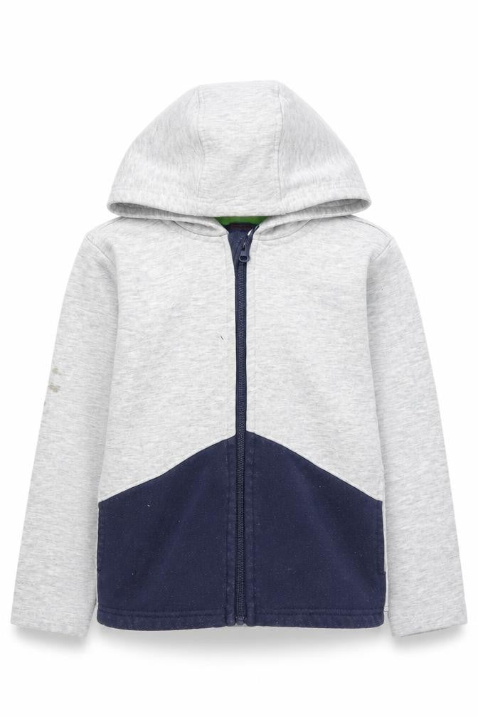 Front view of Mountain Warehouse boys’ grey and blue full zip hoodie 5-6 years