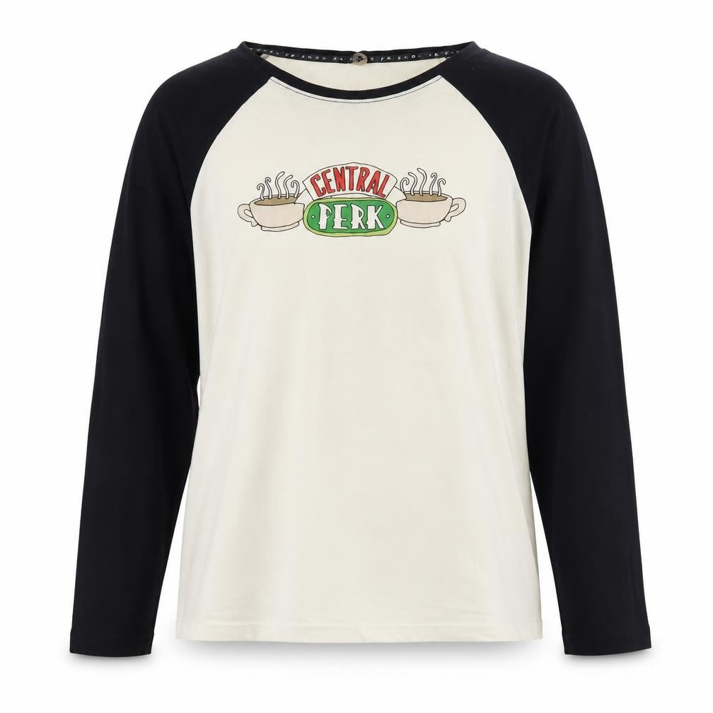 Front view of Friends girls’ t-shirt 12-14 yrs black ivory central perk long sleeve