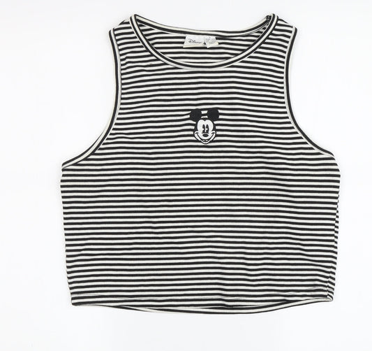 Disney Women's Black Striped Cropped Tank, Size L, Mickey Mouse