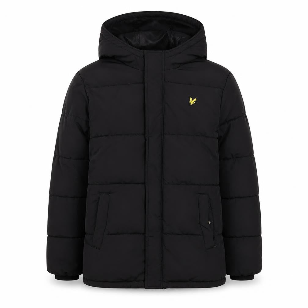 Front view of Lyle & Scott boys’ black puffer jacket 9-10 years hooded