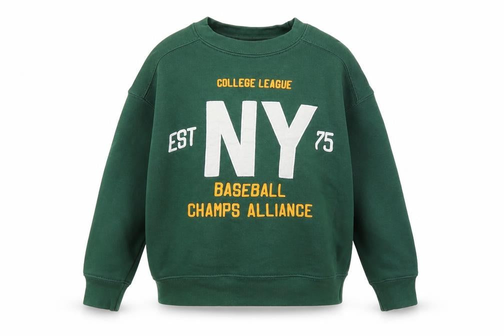 Front view of Zara boys’ green crew neck pullover sweatshirt, size 6-7
