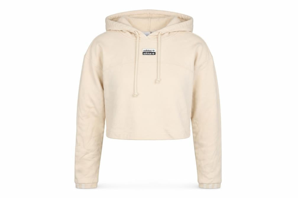 Front view of Adidas Women Beige Crop Hoodie, size S, Cotton, Logo