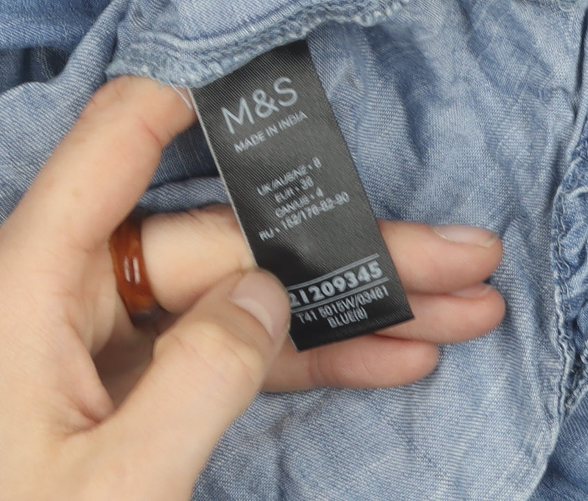 Marks and Spencer Women's Blue Button-Up Shirt, Size 8