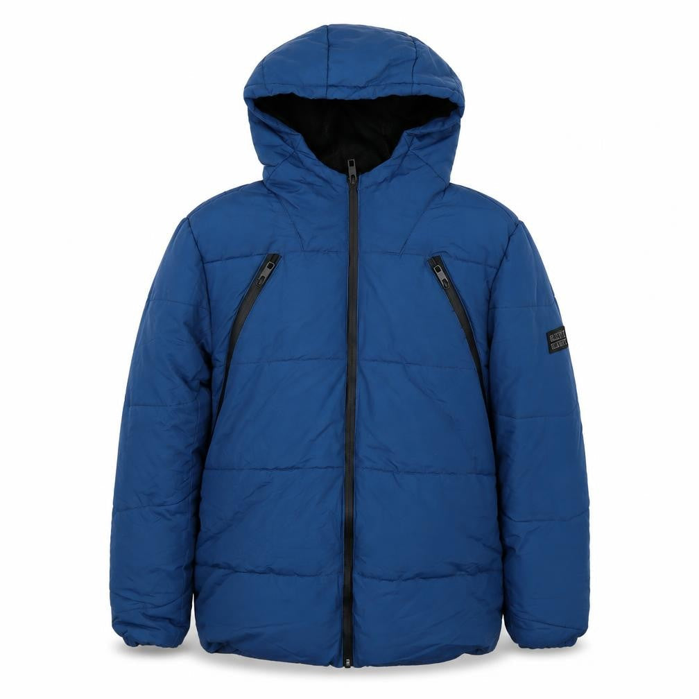 Front view of Explorer boys’ blue puffer jacket 12 years hooded casual