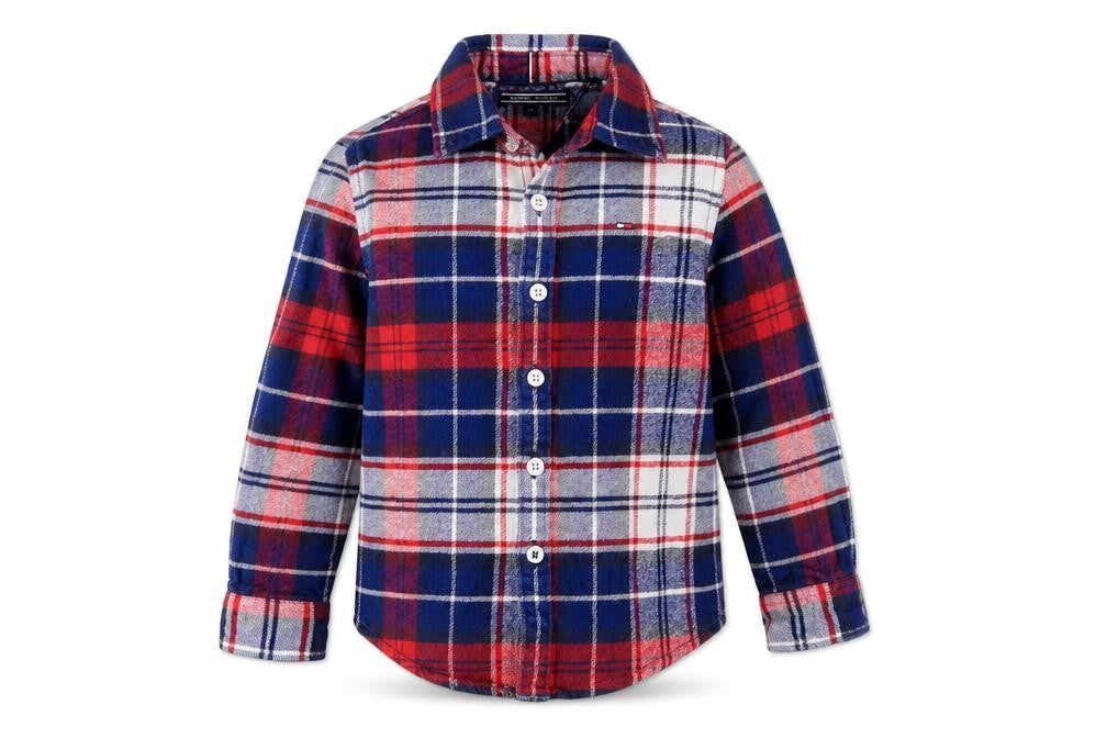Tommy Hilfiger Boys Red Blue Plaid Button-Up Shirt 4 Years