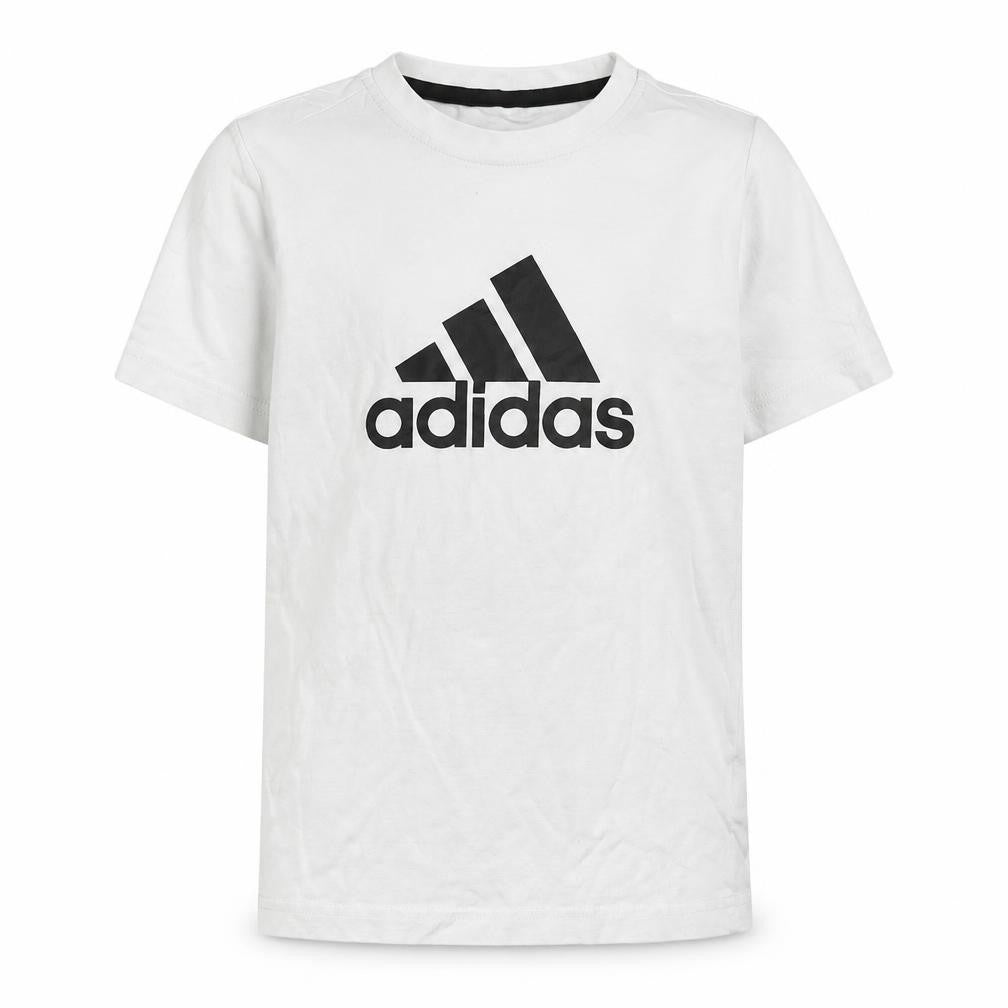 Front view of Adidas boys’ white logo t-shirt, 2xs, casual short sleeve