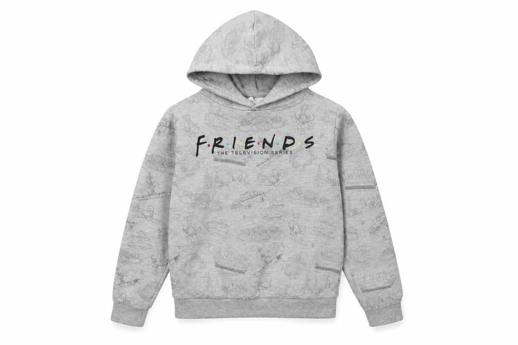 Front view of M&Co girls’ grey 'friends' hoodie 10 years casual graphic print