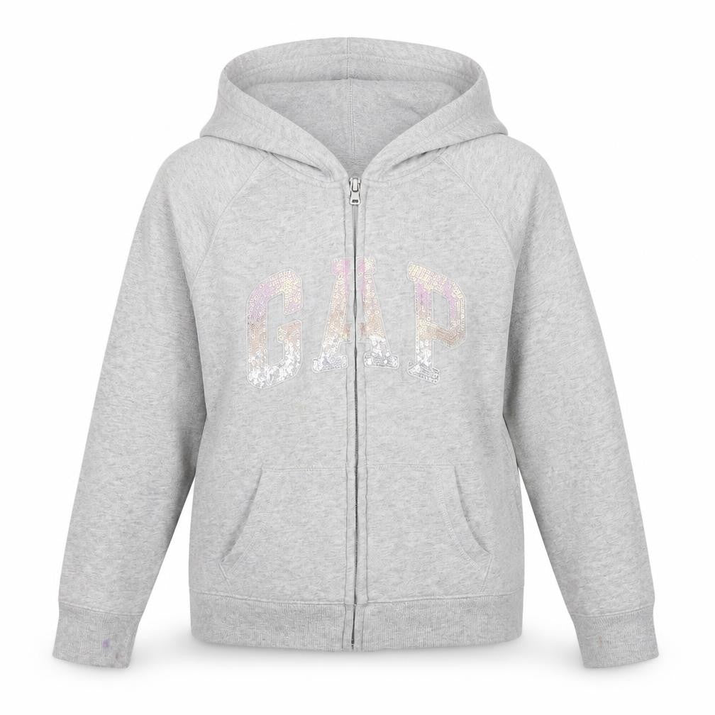 Front view of Gap girls’ grey hoodie l size full zip logo fleece