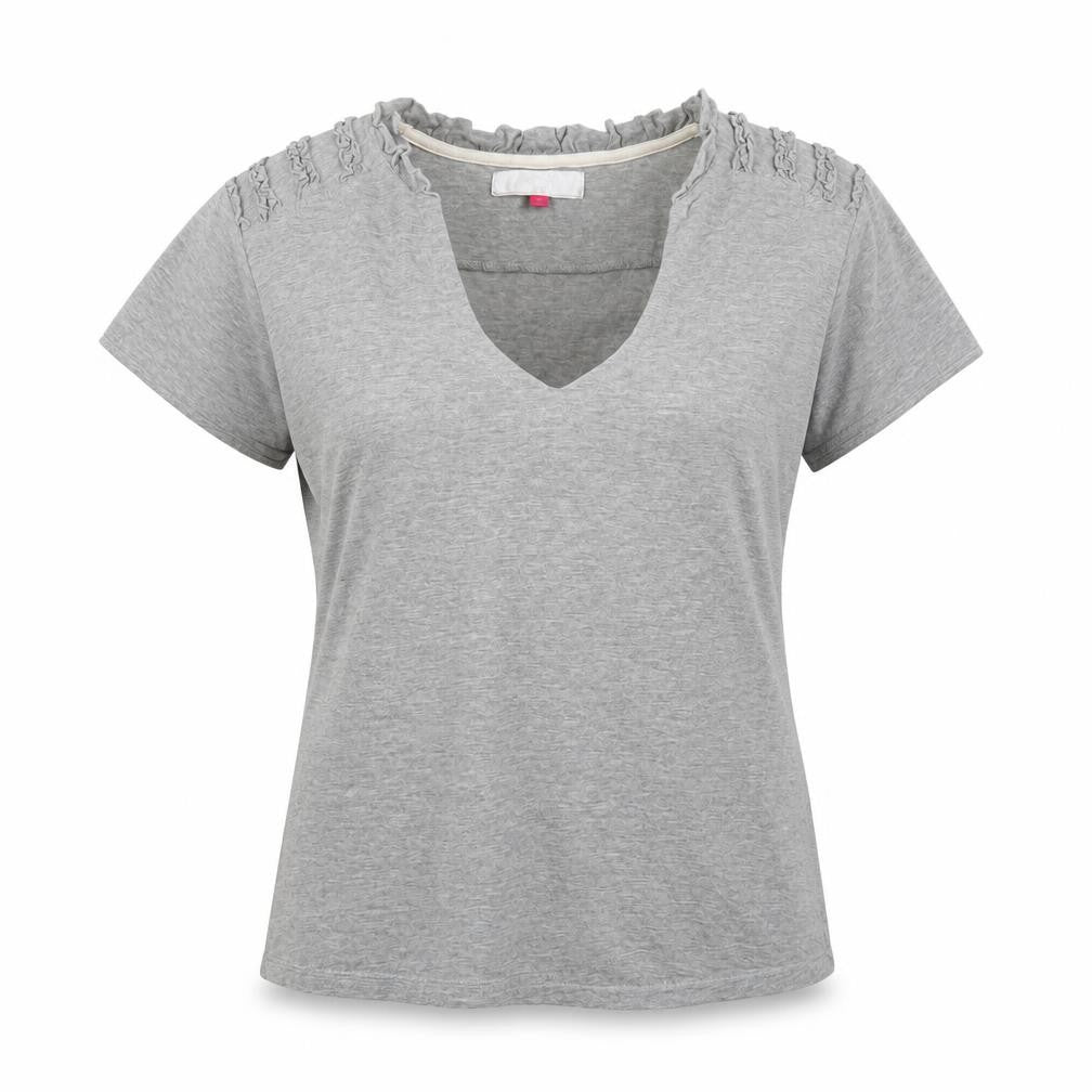 Women's Grey V-Neck T-Shirt with Ruffle Accent