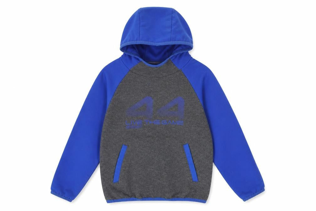 Front view of Dunnes boys’ grey blue pullover hoodie 6-7 years