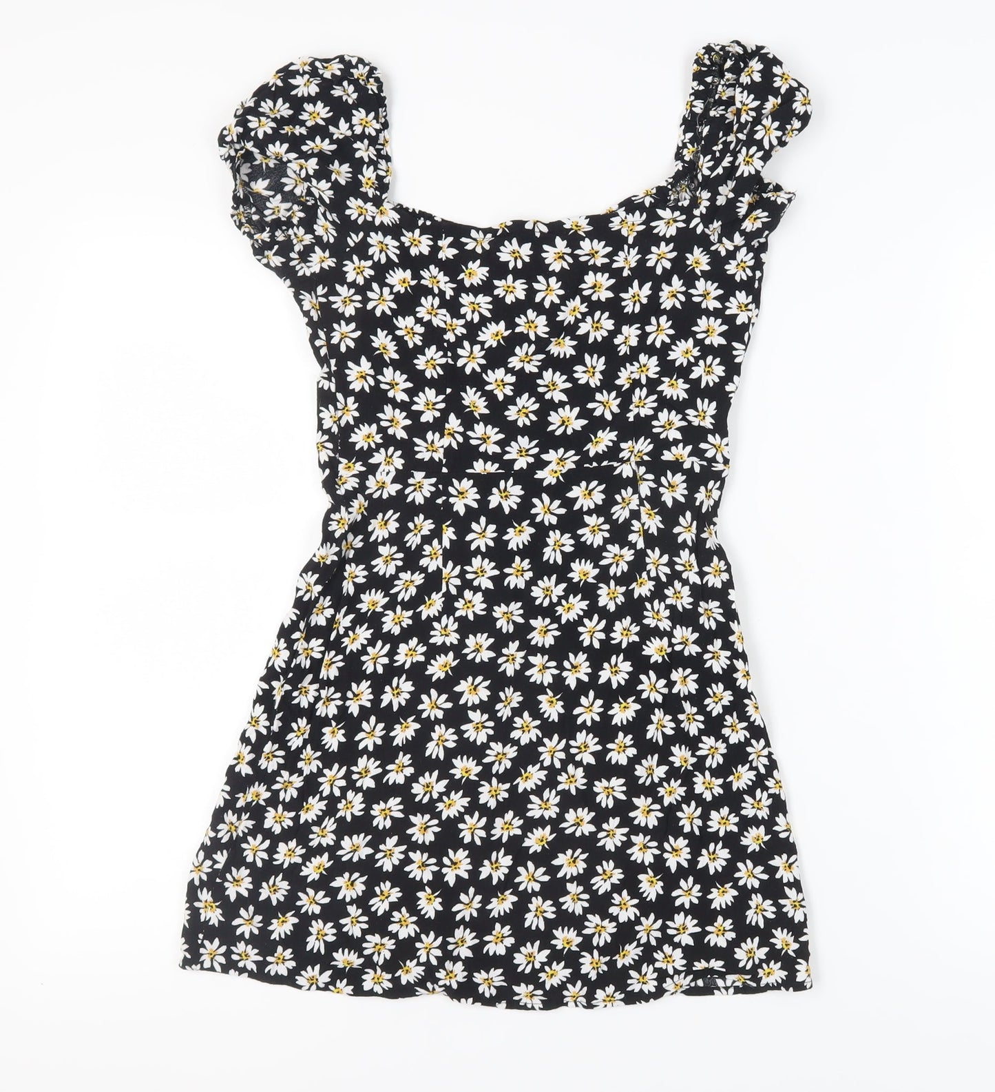 Bershka Women's Black Floral Puff Sleeve Mini Dress