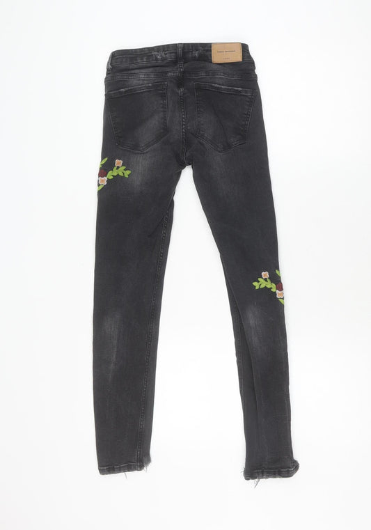 Zara Girls Black Floral Embroidered Skinny Jeans Size 6