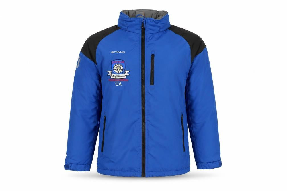 Front view of Stanno boys’ blue school jacket, size 152, with zipped pockets