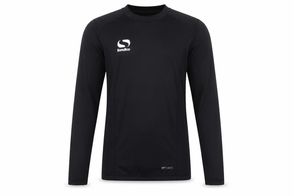 Front view of Sondico boys’' black football t-shirt long sleeve 13 years