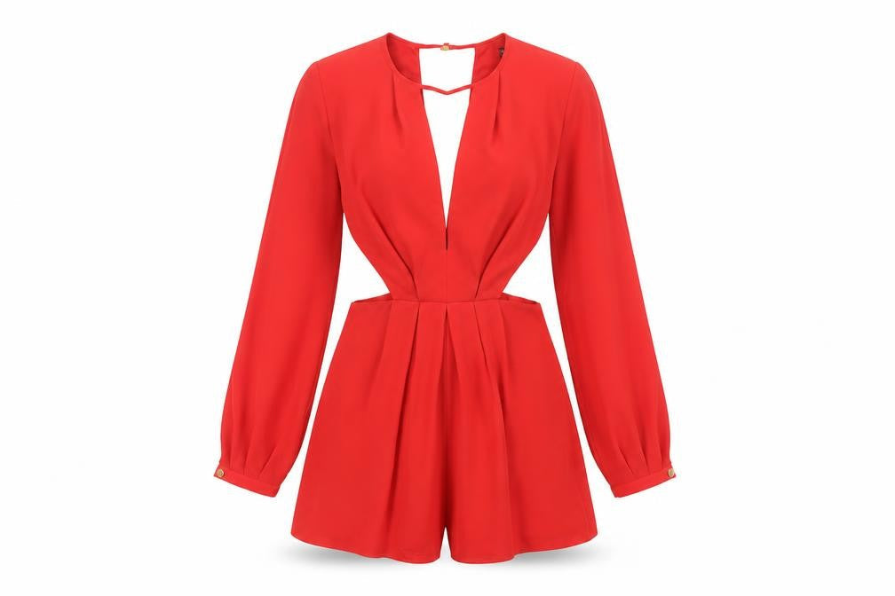 Front view of Miss Selfridge Red Women's Long Sleeve Playsuit, size 10