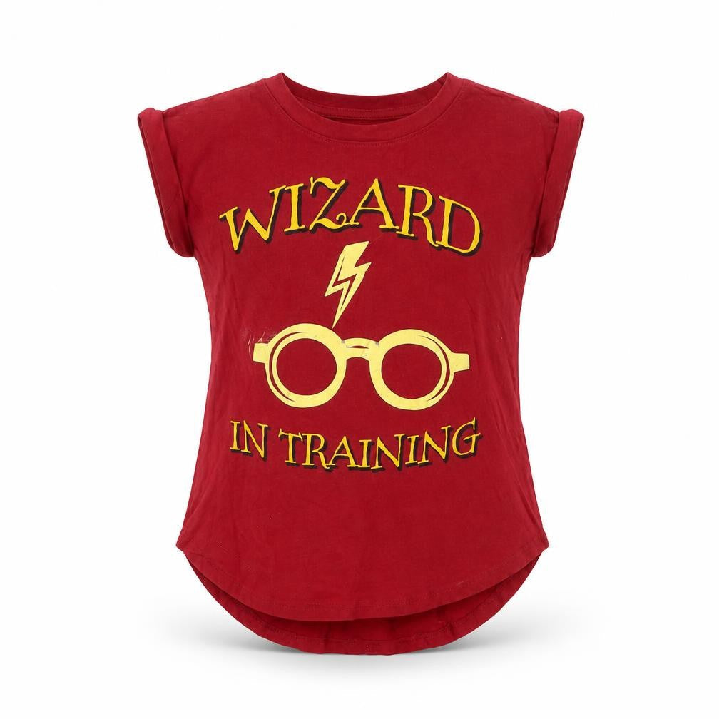 Front view of Harry Potter girls’' red t-shirt, wizarding world, 7-8 years