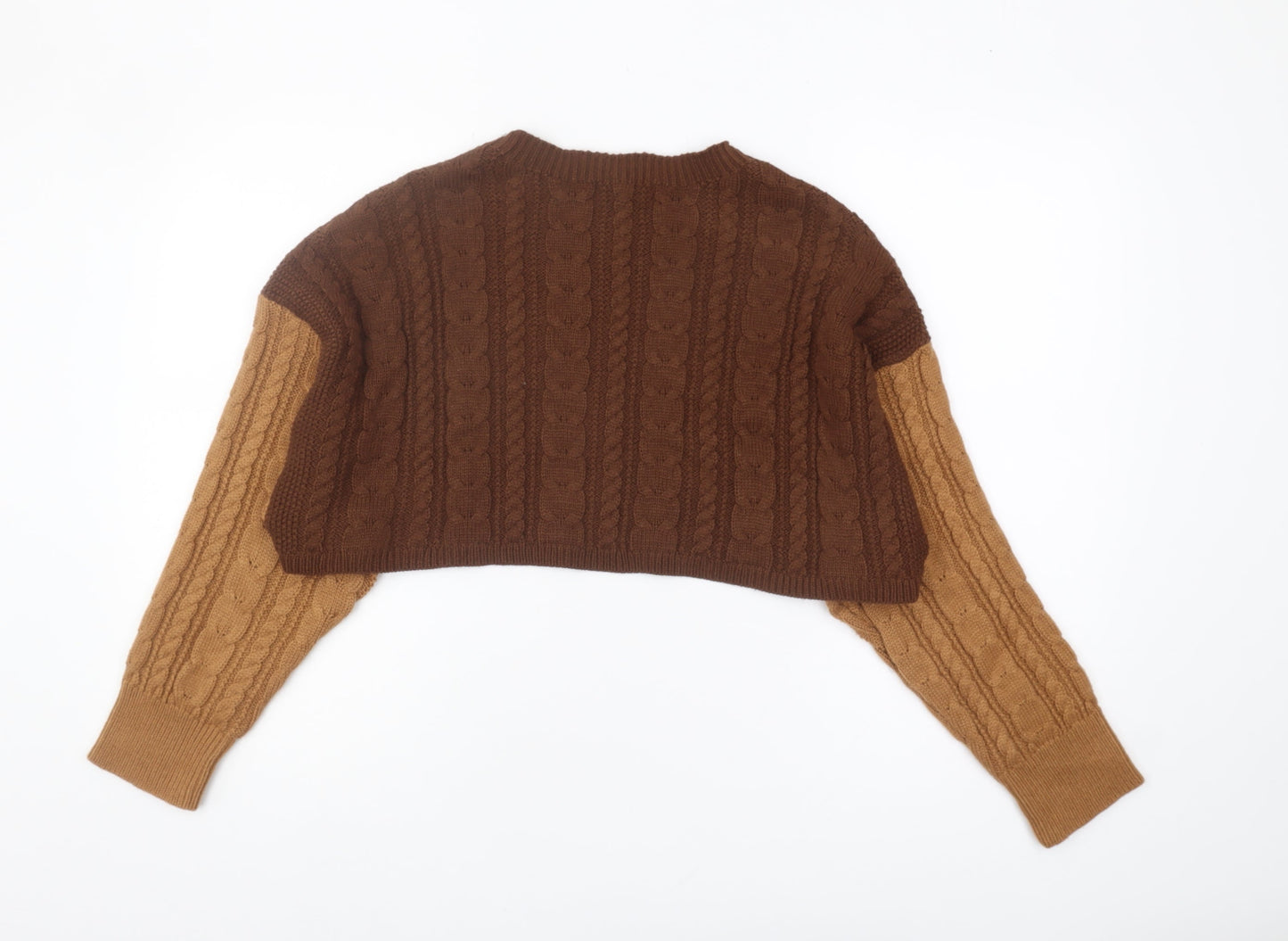 Stradivarius Women's Grey and Brown Cable-Knit Jumper