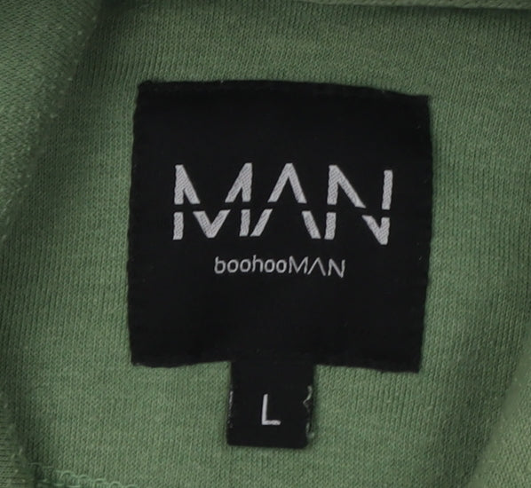 Close-up detail of boohooMAN Men’s Green Grey Pullover Hoodie, size L