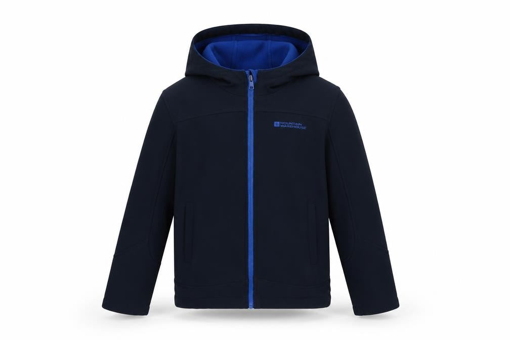Front view of Mountain Warehouse boys’ blue soft shell jacket 7-8 years