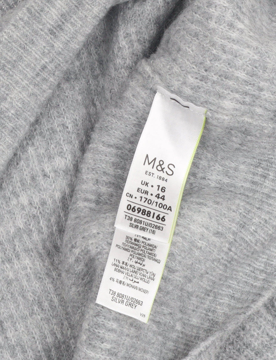 Marks and Spencer Women's Grey V-Neck Jumper Size 16