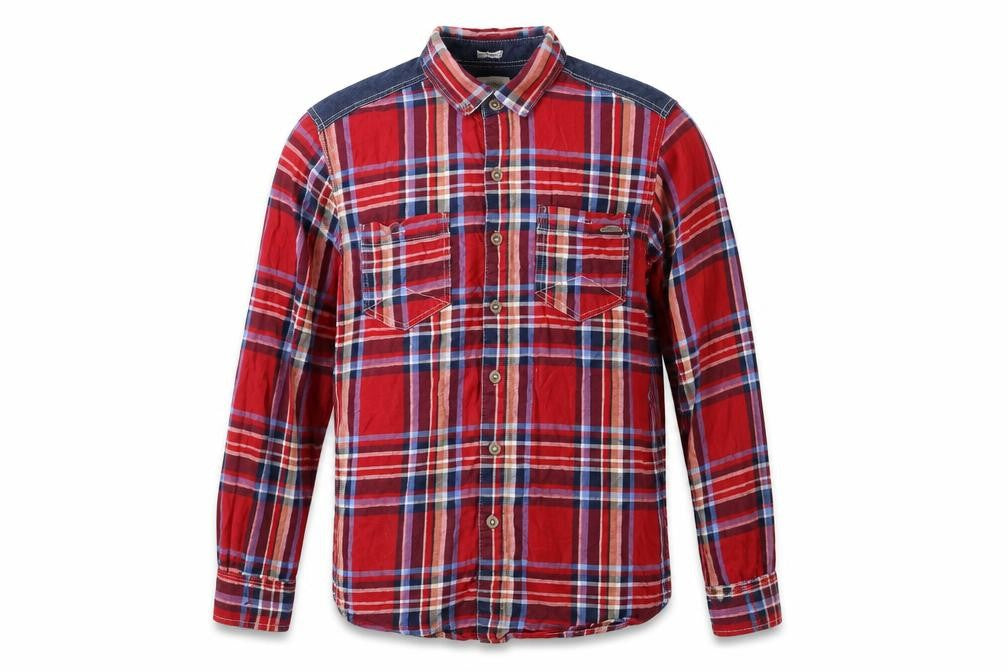 Front view of Lee Cooper Men's Red Plaid Long Sleeve Button-Up Shirt