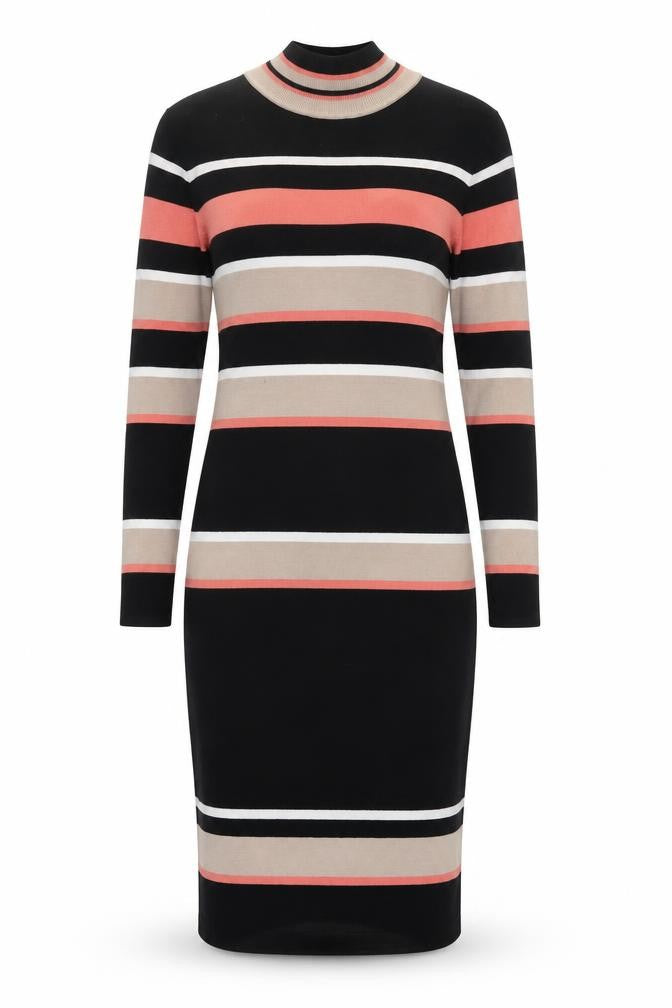 Front view of Roman Women's Striped Bodycon Dress, size 12, Black Beige