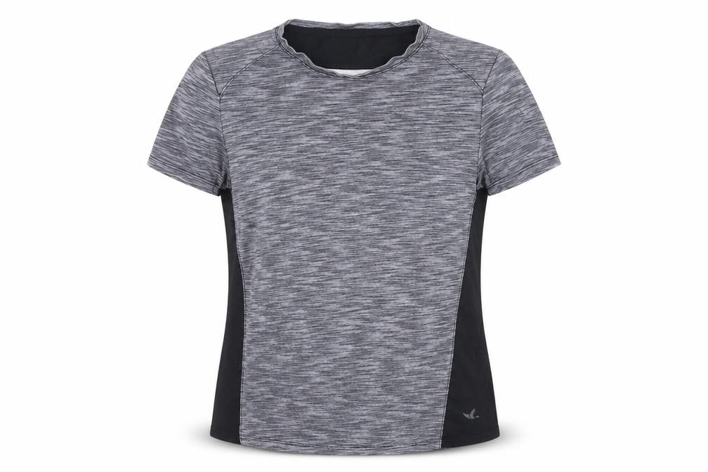 Front view of Decathlon girls’ grey black active t-shirt, 12-13 years, gym top