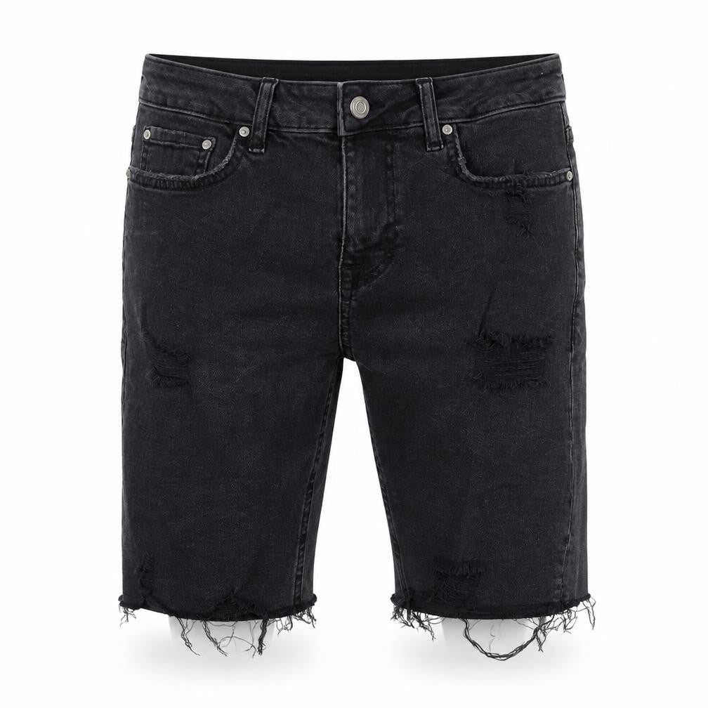 Front view of ASOS Men's Black Denim Distressed Shorts, size 28, Slim Fit