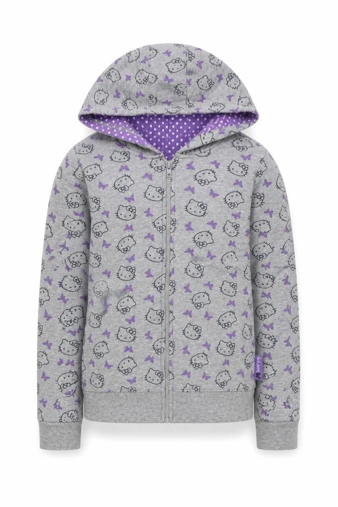 Front view of Hello Kitty girls’ grey zip hoodie 7 yrs cartoon character