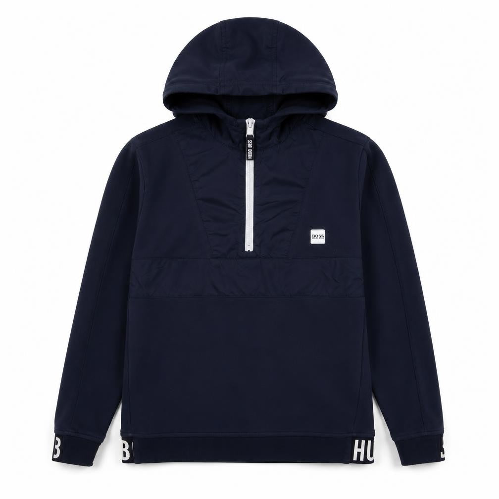 Front view of BOSS boys’ blue pullover hoodie 12 years logo style