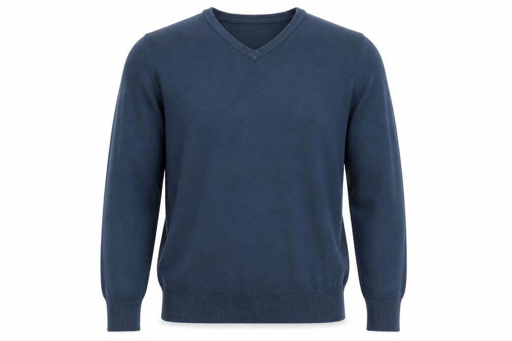 Front view of Thomas Nash Men's Blue V-Neck jumper, size M
