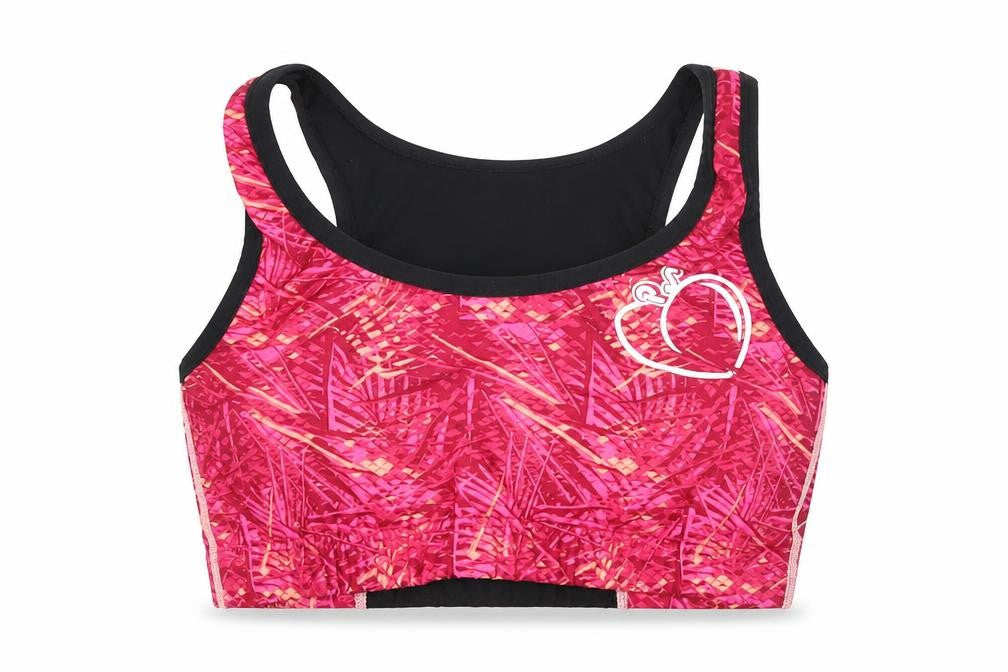 Front view of Regatta Women's Pink Sports Bra, size 10-12, Geometric, Racerback