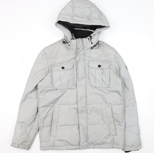 Jack & Jones Men's Grey Puffer Jacket L Hooded Winter