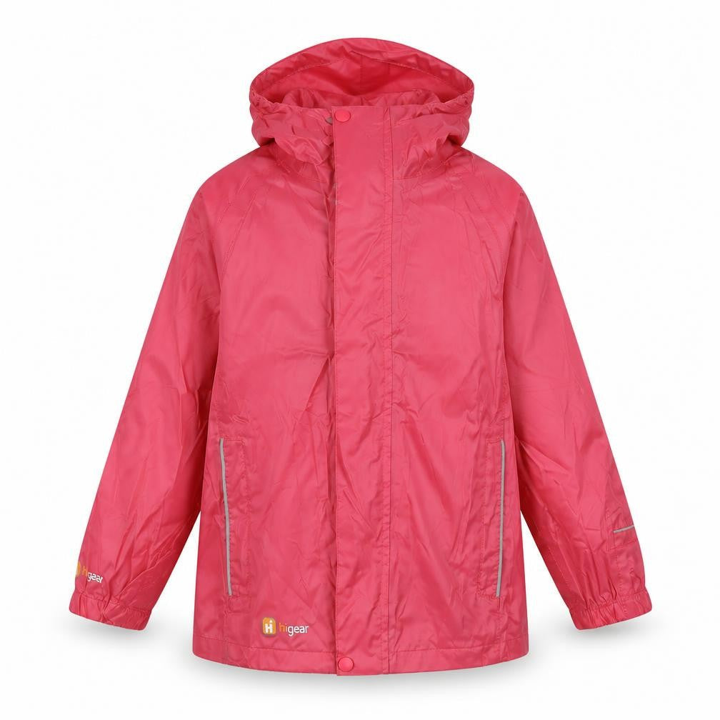 Front view of Hi Gear girls’ pink rain coat 5-6 years hooded lightweight jacket