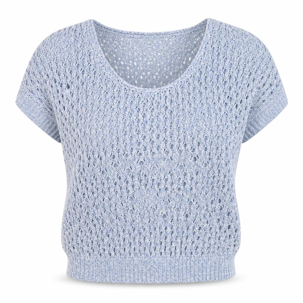 Front view of Mantaray Women's Blue Cropped Knit Blouse, size 12