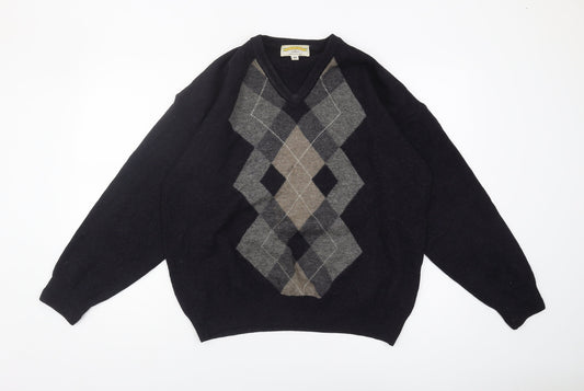 James Pringle Men's Black V-Neck Argyle Jumper M