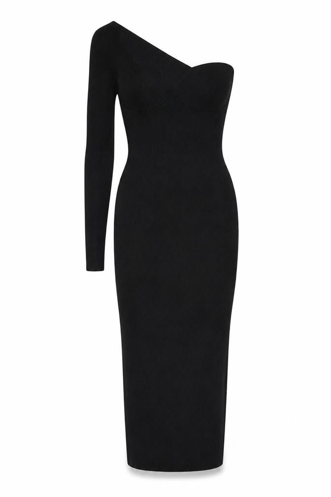 Front view of ASOS Design Women's Black One Shoulder Midi Dress