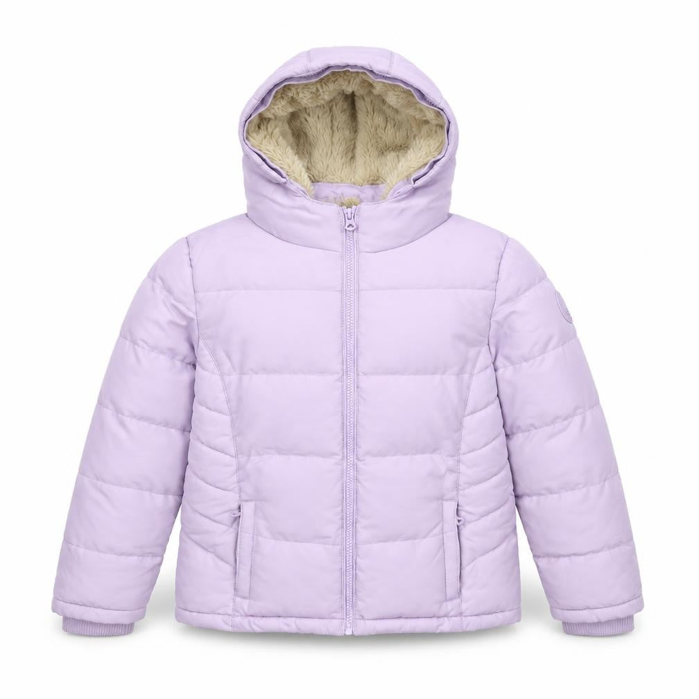 Front view of SoulCal girls’ purple puffer jacket 7-8 years hooded