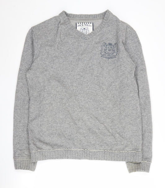 Jack Wills Men's Grey Wool Blend V-Neck Jumper Large