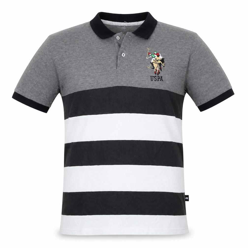 Grey Striped Men's Polo, M, Cotton, Short Sleeve