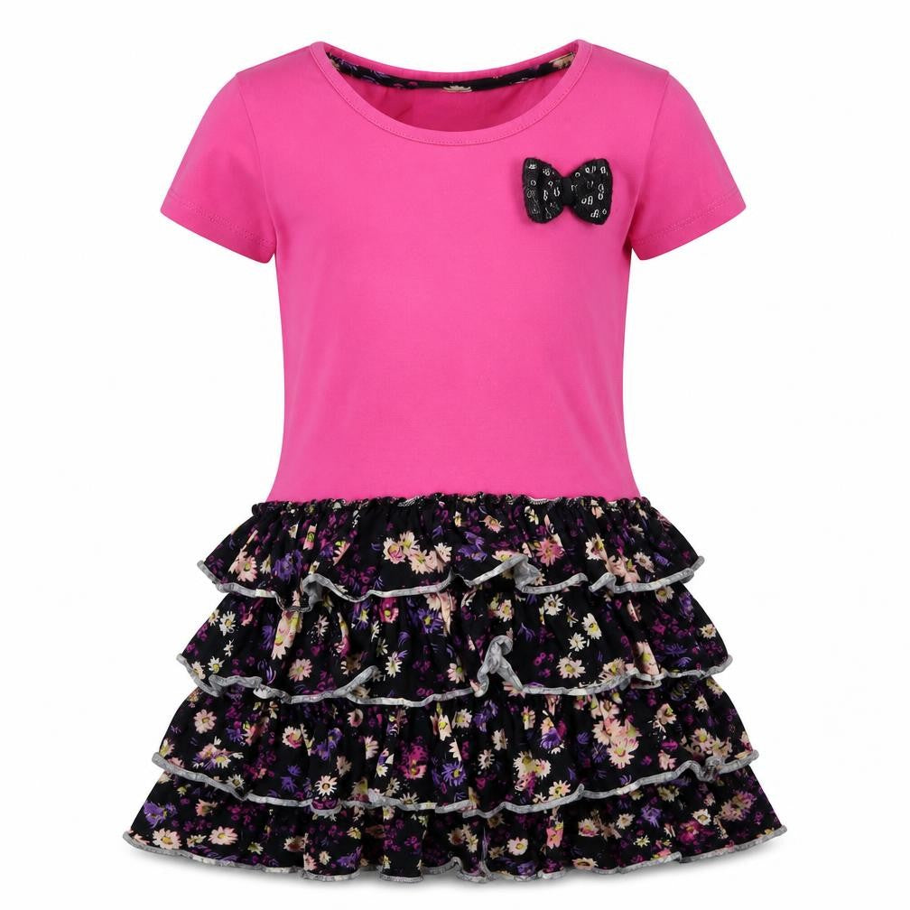 Front view of girls’ pink floral bluezoo dress, age 9-10, fit & flare style