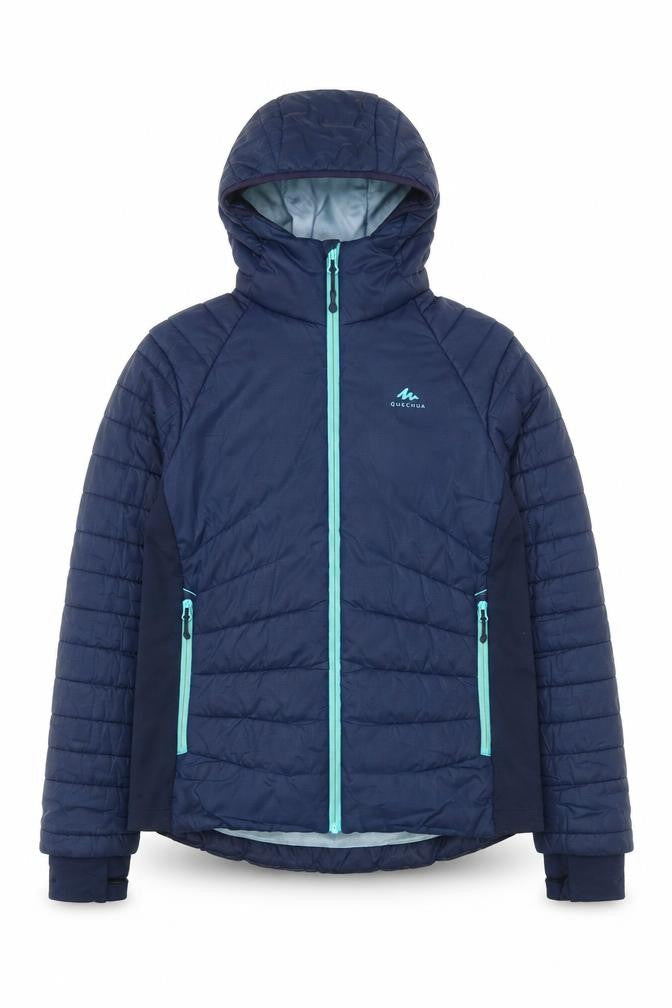 Front view of Decathlon girls’ blue hooded puffer jacket 12-13 years