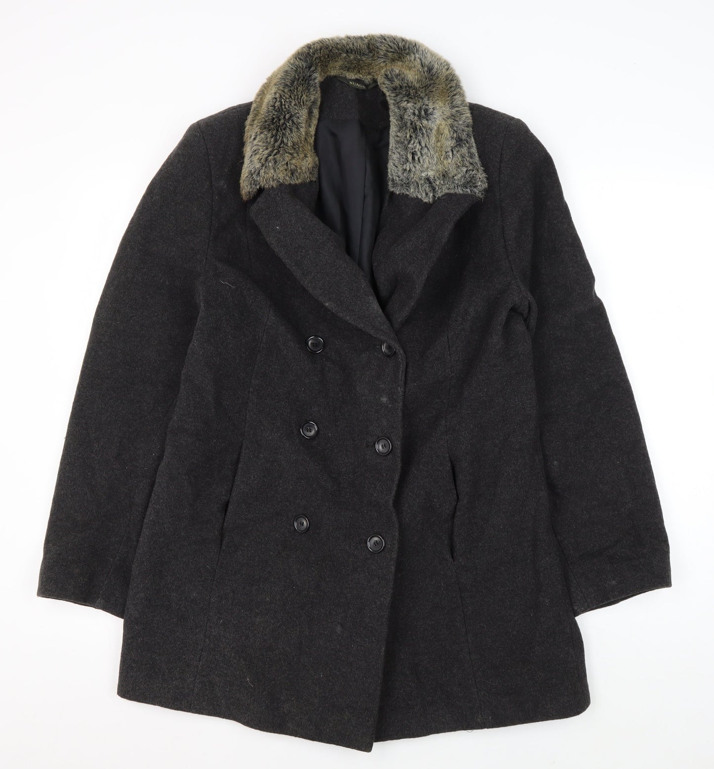 Nuage Women's Black Wool Pea Coat Size 12 Fur Trim