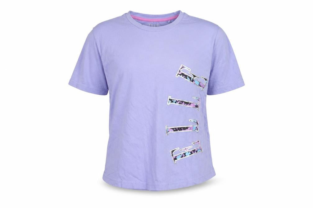 Front view of ELLE girls’ purple t-shirt 14-15 years with logo accents