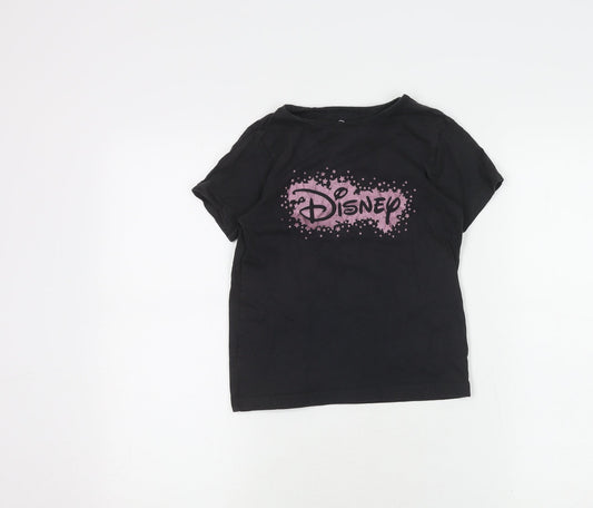 Disney Girls Black T-Shirt 7-8 Years Graphic Logo