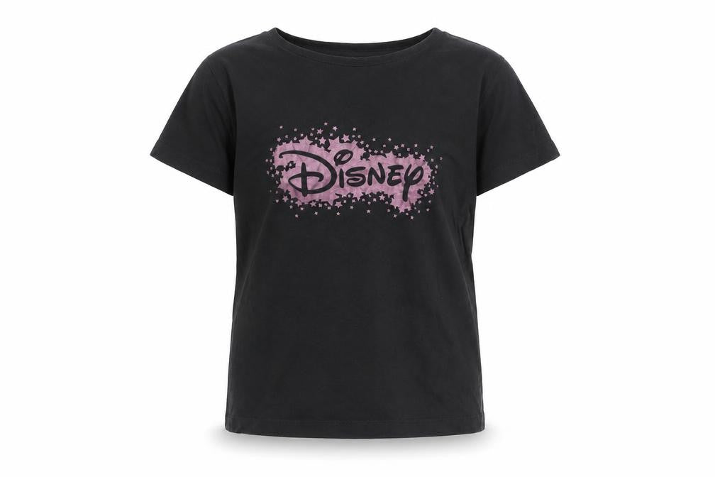 Front view of Disney girls’ black t-shirt 7-8 years graphic logo