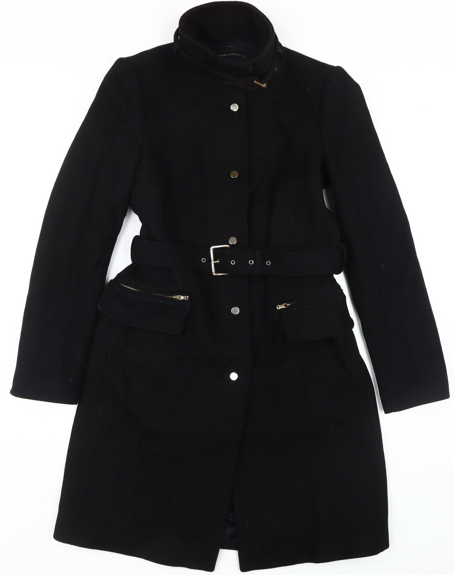Zara Women's Black Belted Overcoat M Casual Style