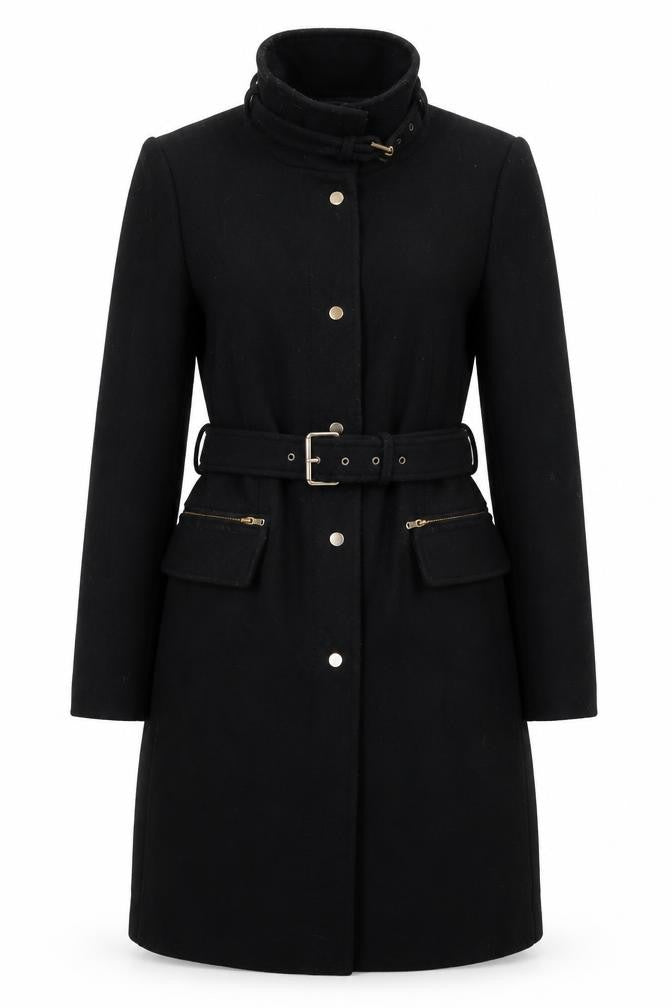 Zara Women's Black Belted Overcoat M Casual Style