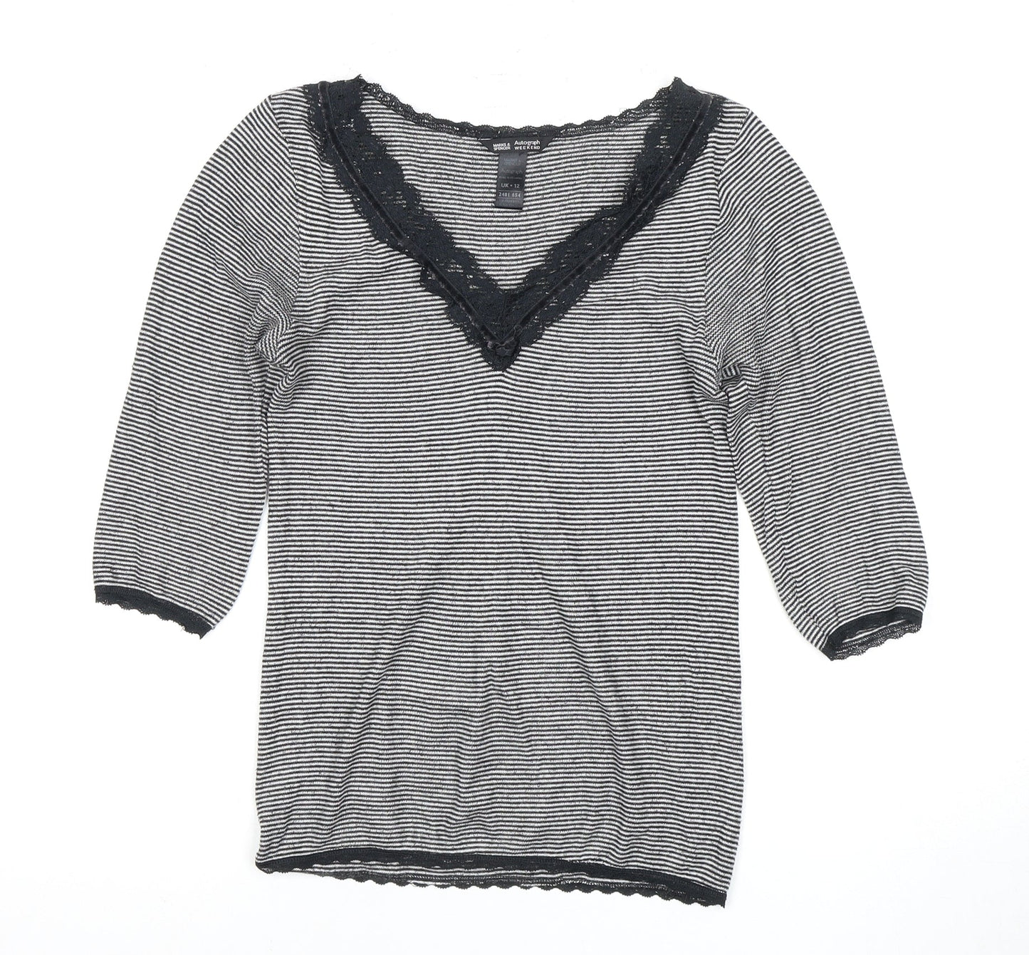 Marks and Spencer Women's Black Striped V-Neck Top