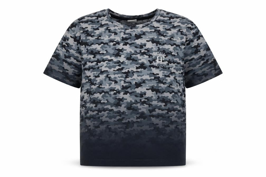 Front view of Holyfield girls’' grey camouflage t-shirt l basic style